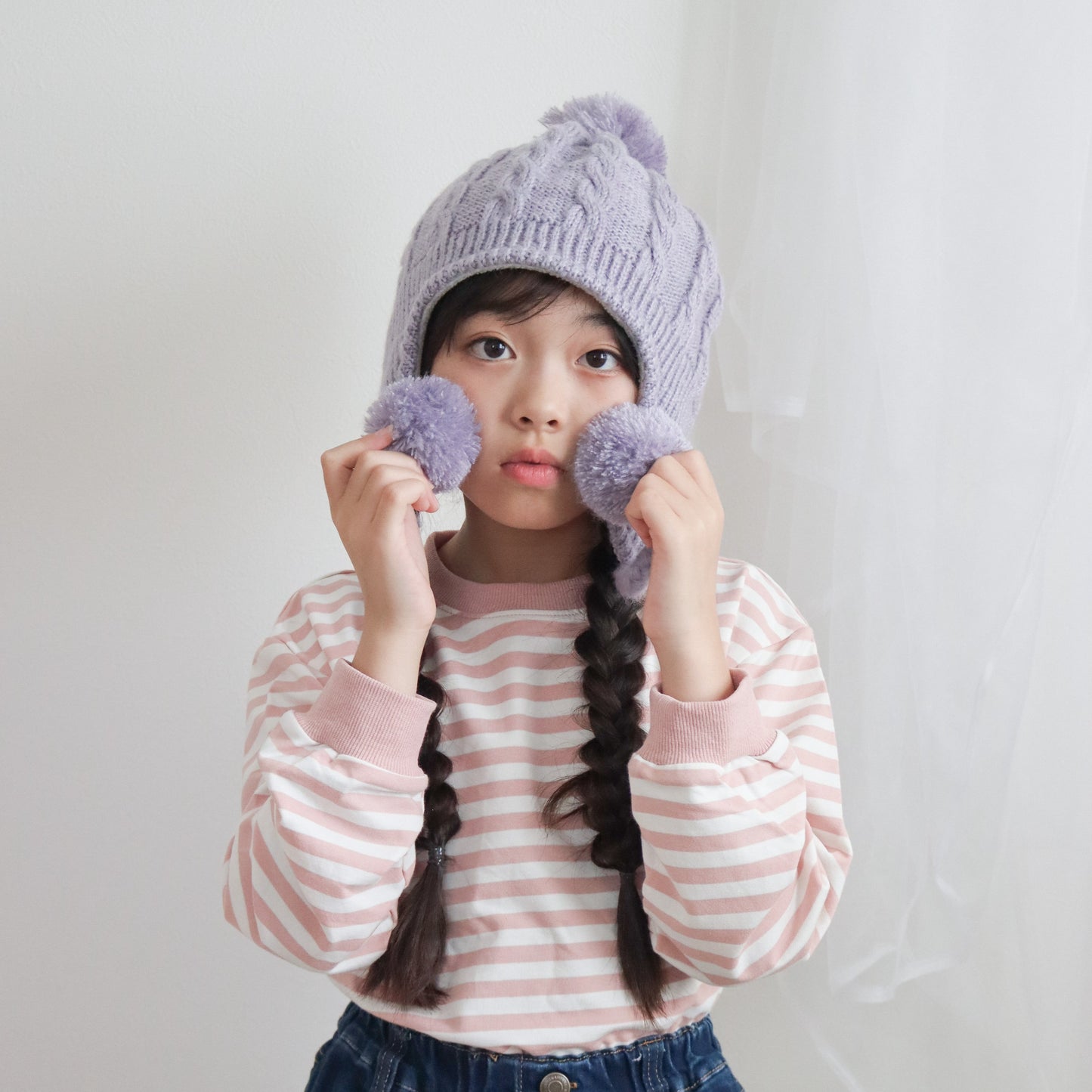 SNK020 キッズ ポンポンニット帽 耳あて 保温 防寒