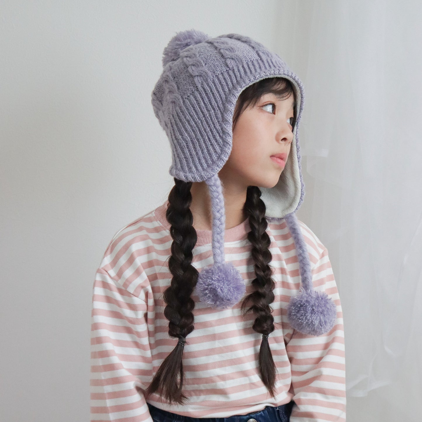 SNK020 キッズ ポンポンニット帽 耳あて 保温 防寒